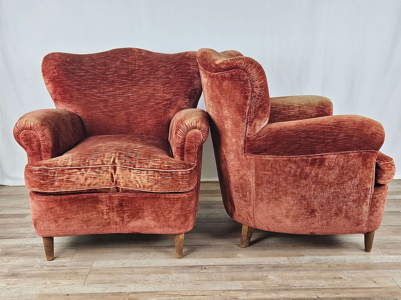Pair of wood and red fabric armchairs, 1950s 3