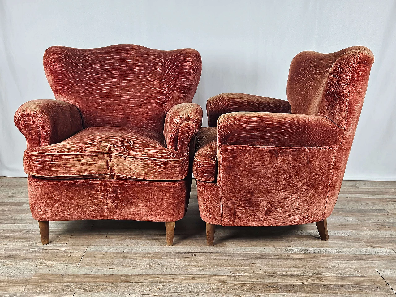 Pair of wood and red fabric armchairs, 1950s 5