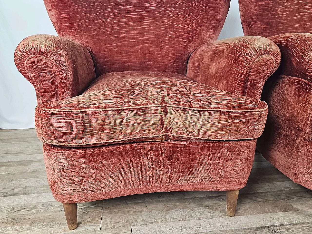 Pair of wood and red fabric armchairs, 1950s 11