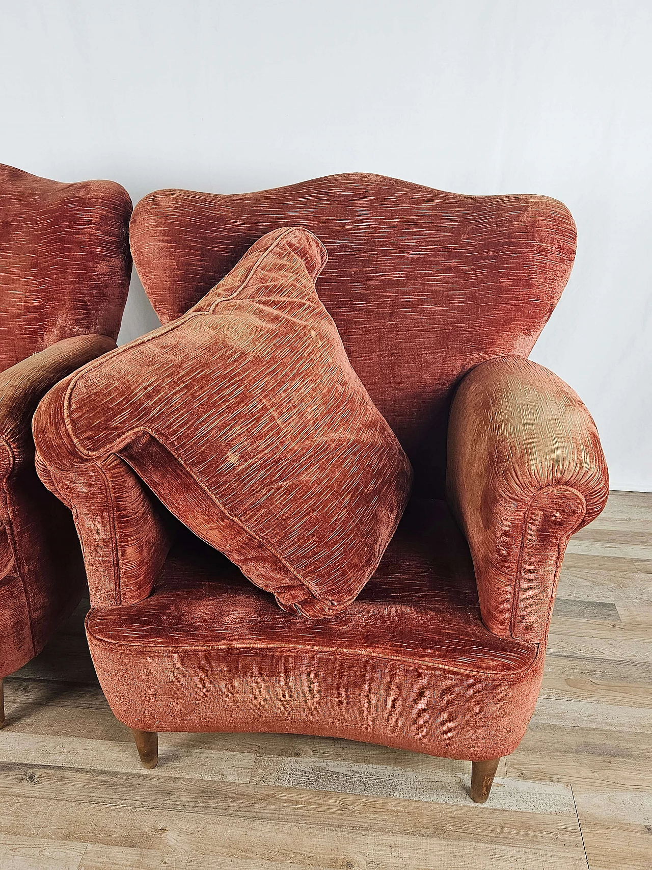 Pair of wood and red fabric armchairs, 1950s 21
