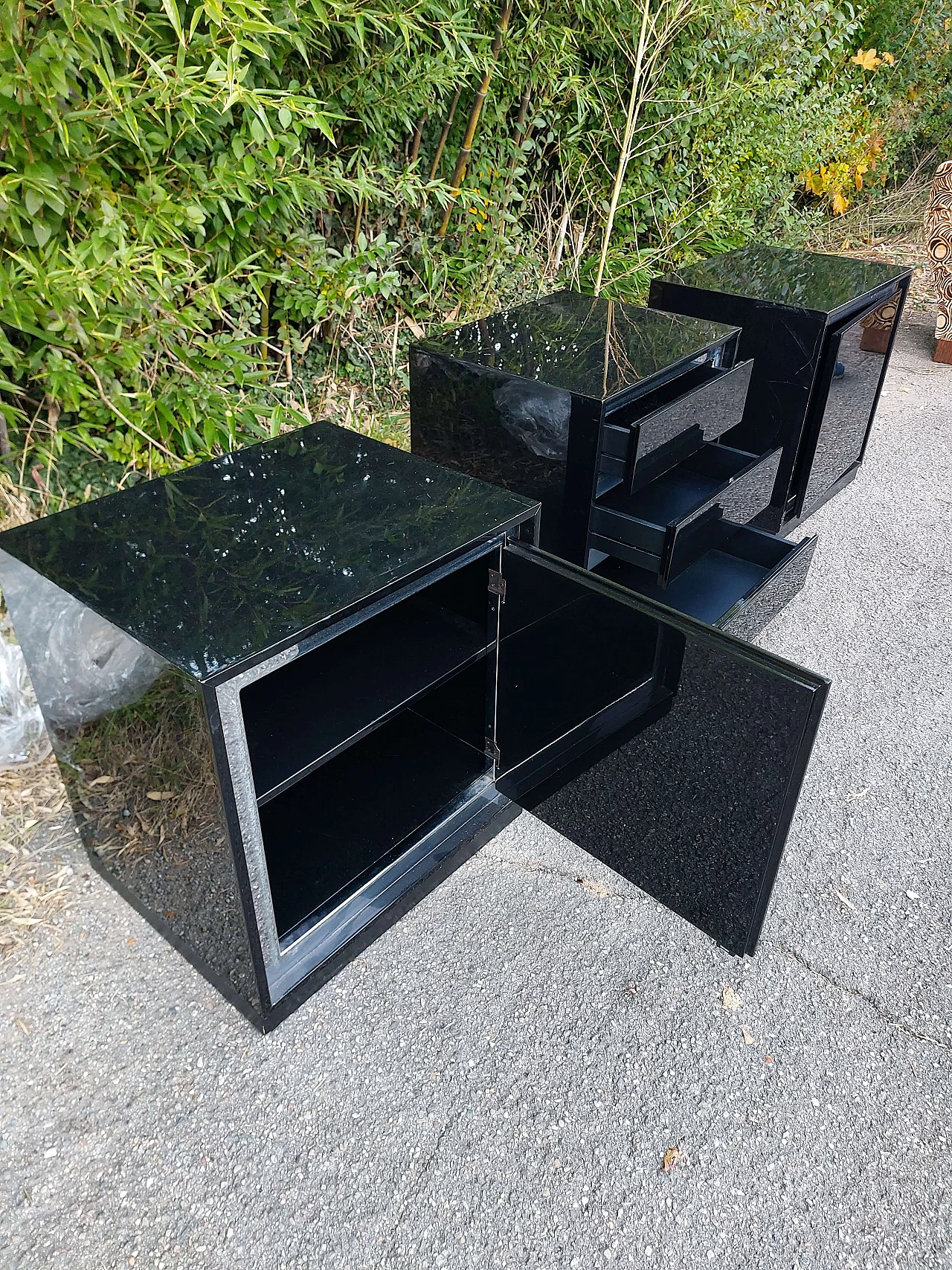 3 Bedside tables in shiny black wood and chromed metal by Gavina, 1970s 6