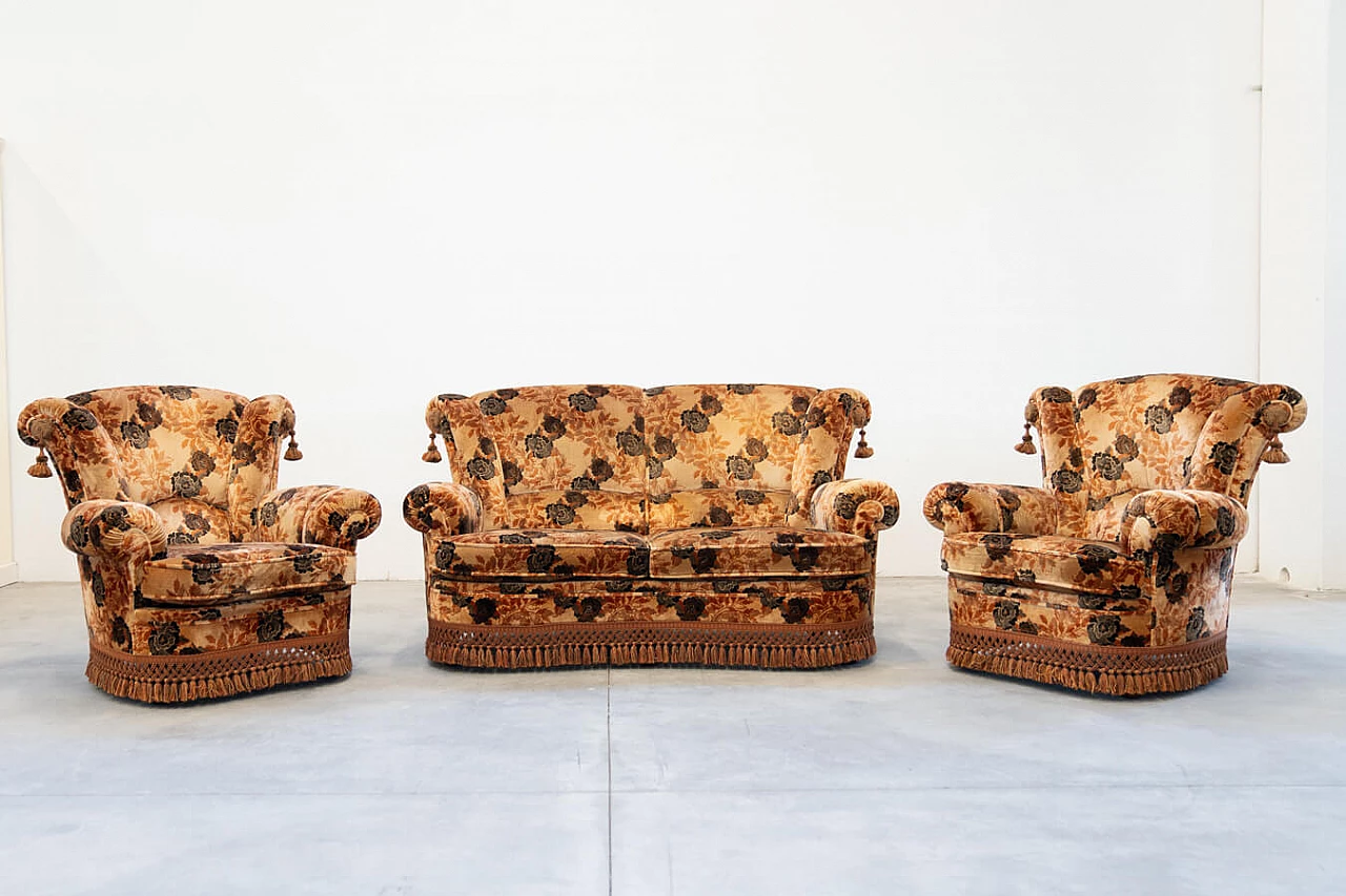 Chenille floral fabric sofa and pair of armchairs, 1970s 1