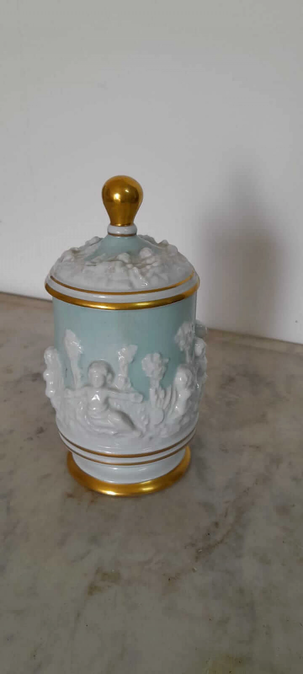 Light blue Capodimonte ceramic vase with lid, 1950s 1