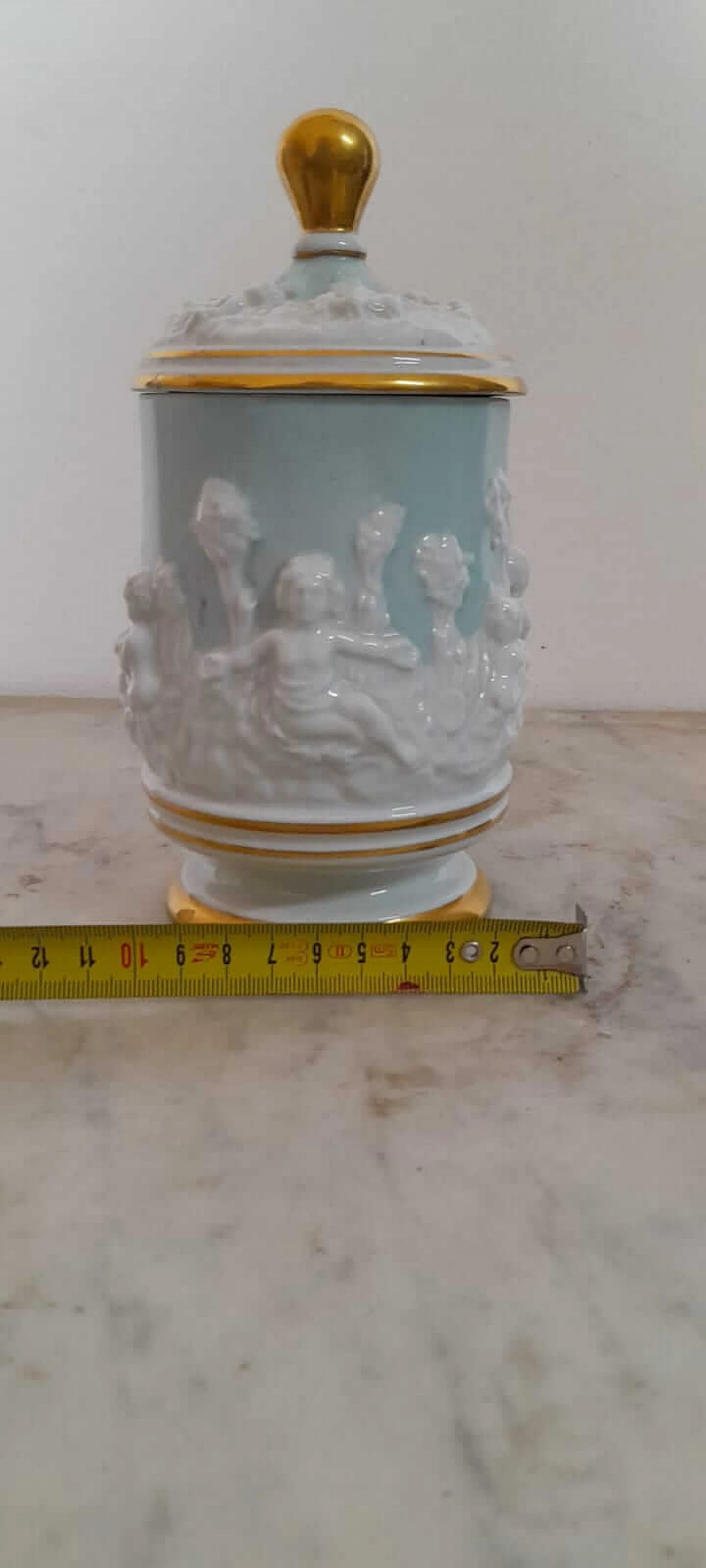 Light blue Capodimonte ceramic vase with lid, 1950s 6