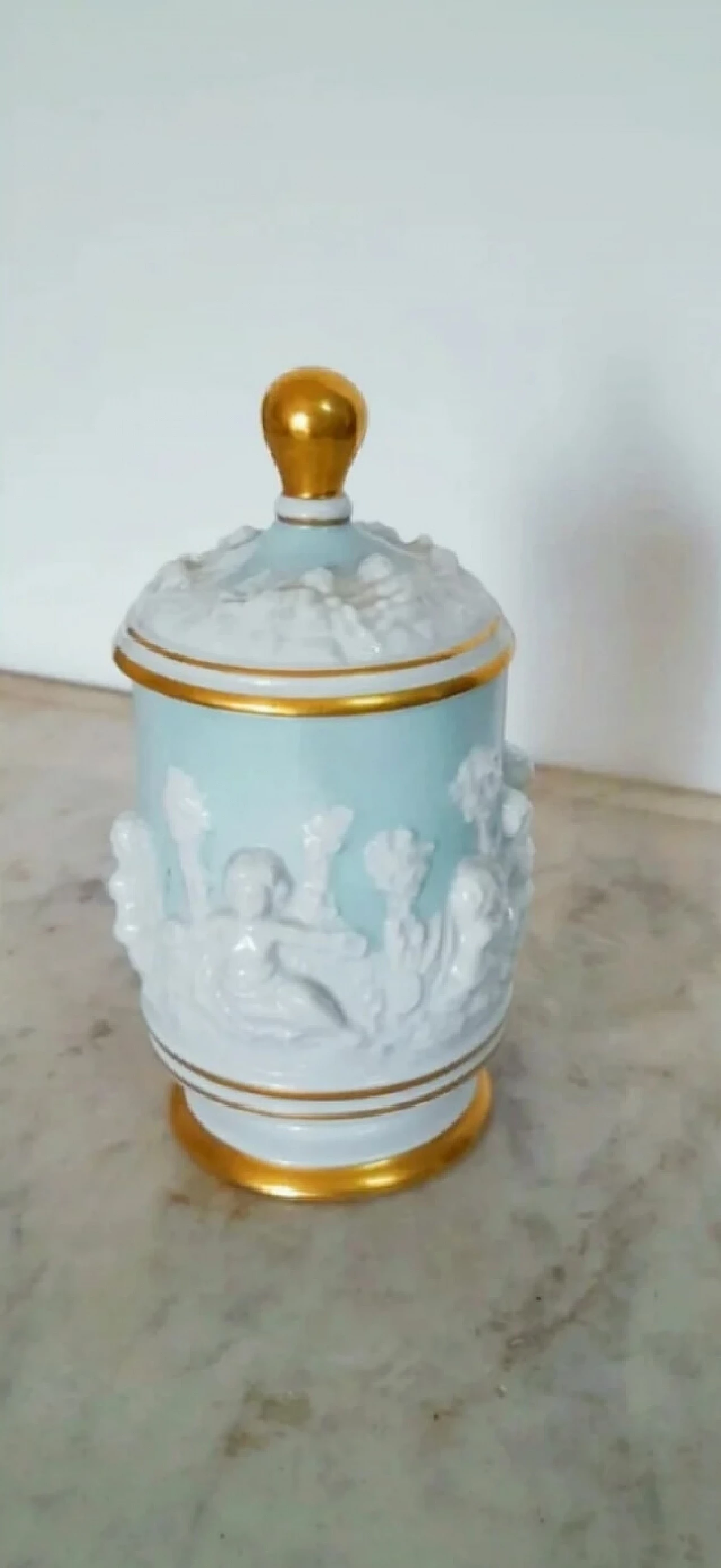 Light blue Capodimonte ceramic vase with lid, 1950s 7