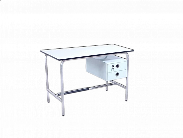 Aluminum and white veneer desk with iron drawers, 1960s