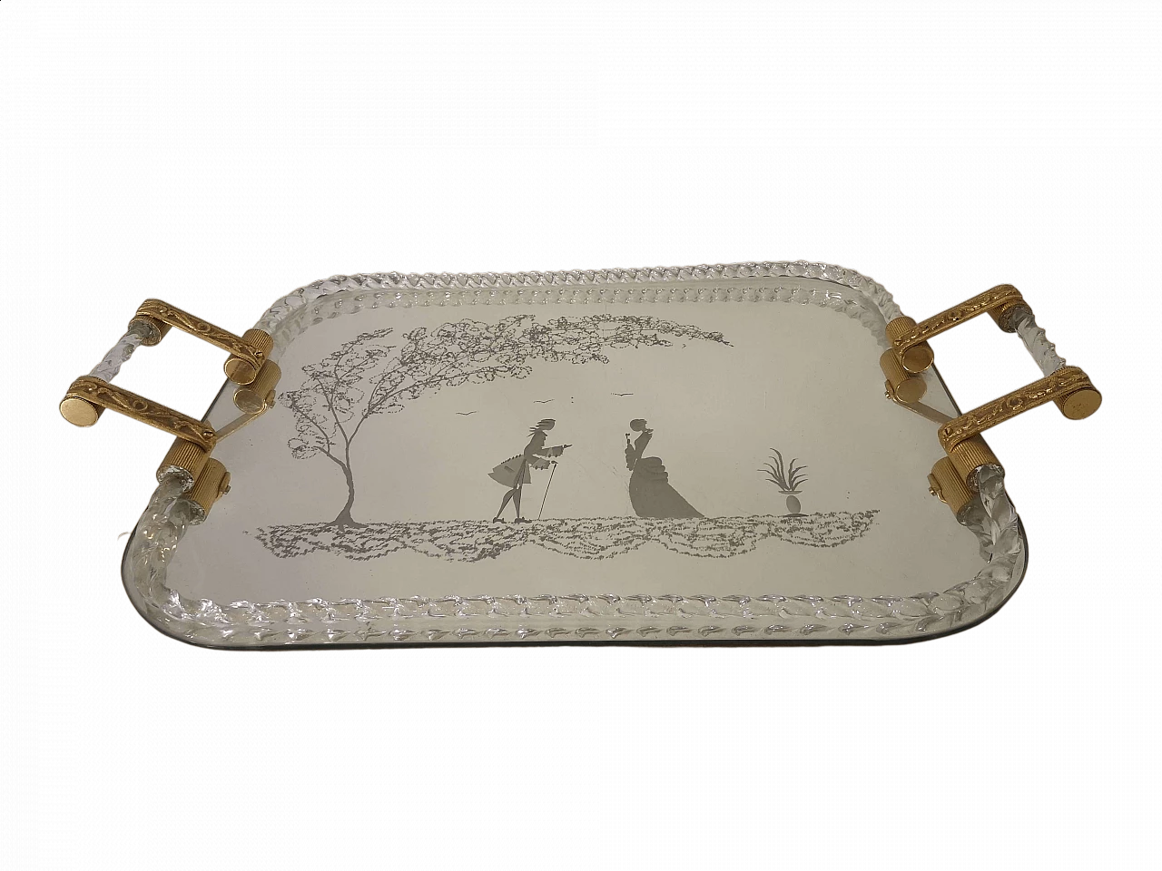 Vassoio da caffè a specchio in stile Barovier con maniche in ottone dorato, anni '50 18