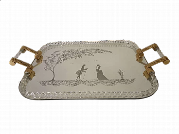 Vassoio da caffè a specchio in stile Barovier con maniche in ottone dorato, anni '50