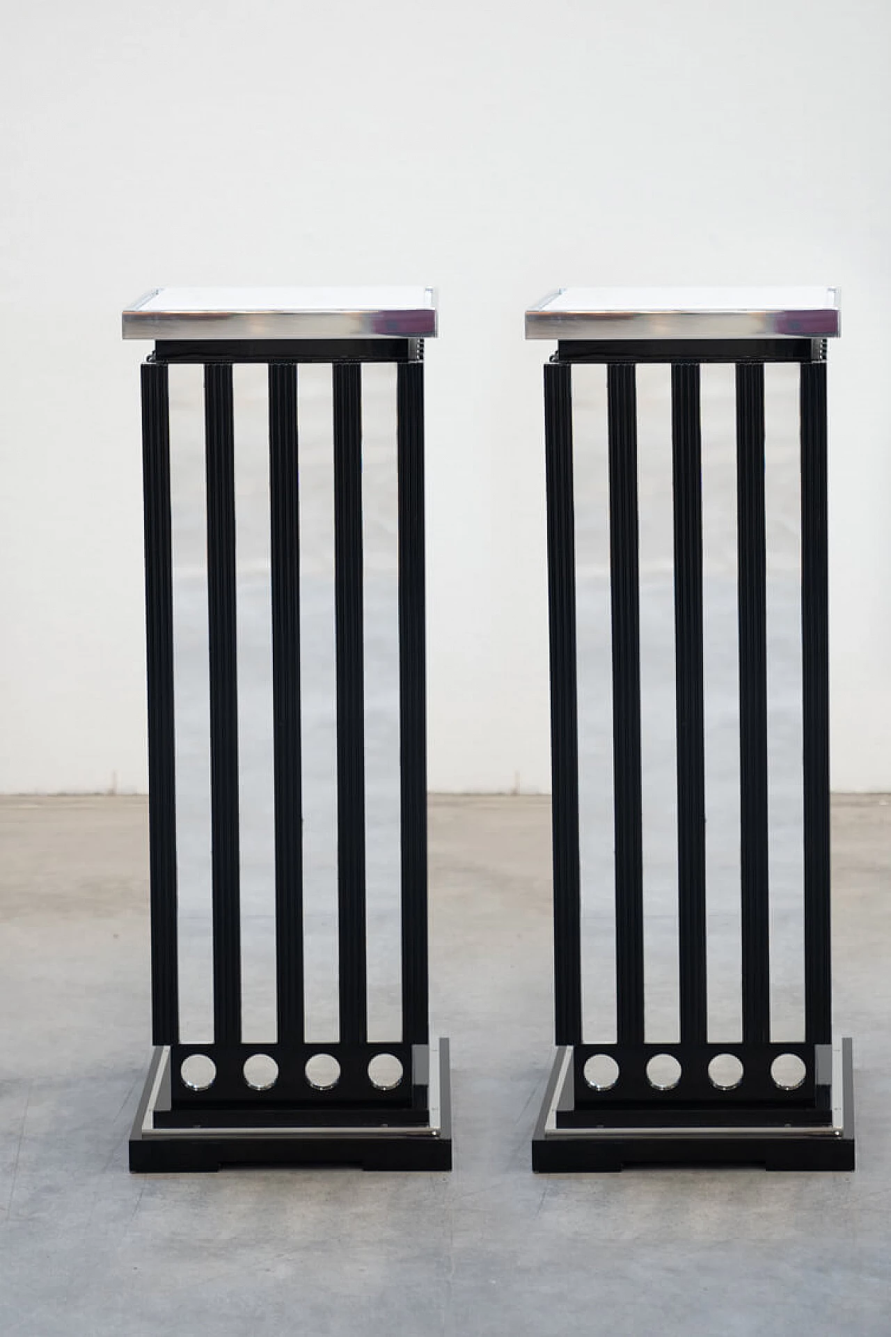 Pair of Exhibit style lacquered wood, glass and marble display cases, 1980s 1