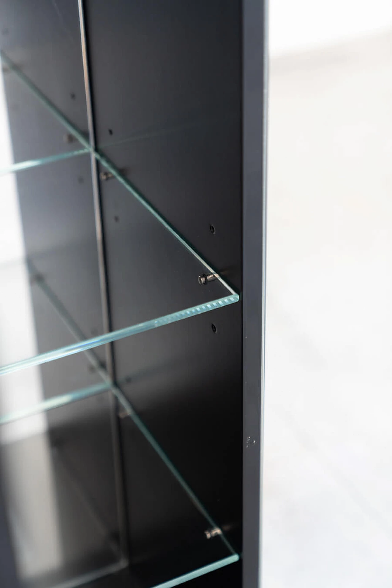 Pair of Exhibit style lacquered wood, glass and marble display cases, 1980s 16