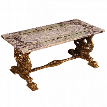 Tavolino in legno dorato con piano in marmo, anni '60