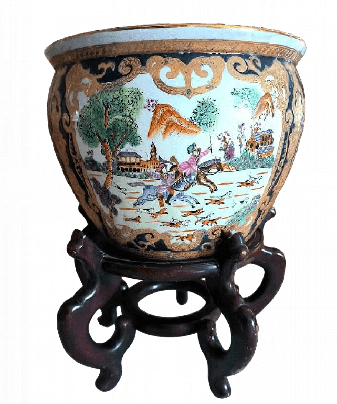 Chinese polychrome and gilded porcelain fish vase with wooden base, mid-20th century 10