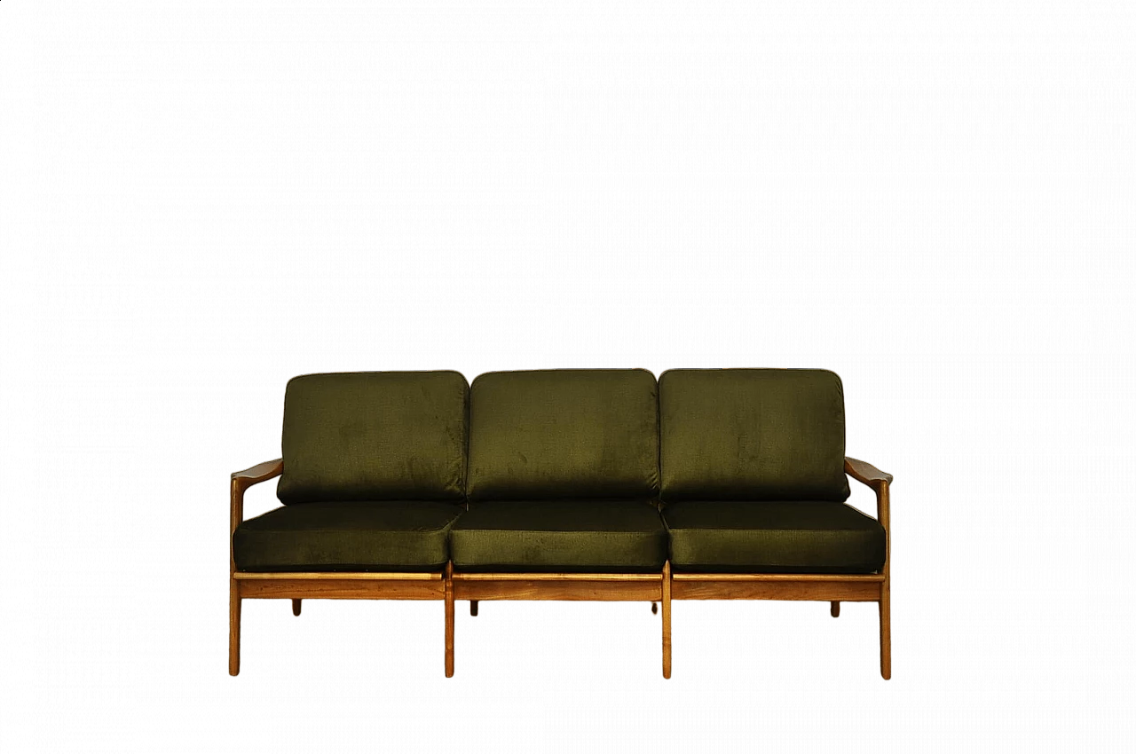 Solid cherry wood and khaki fabric sofa, 1960s 13