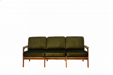 Solid cherry wood and khaki fabric sofa, 1960s
