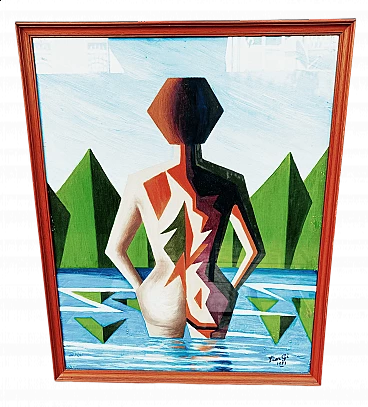 PierGi, composizione surrealista, dipinto a olio su tela di sacco, 1971