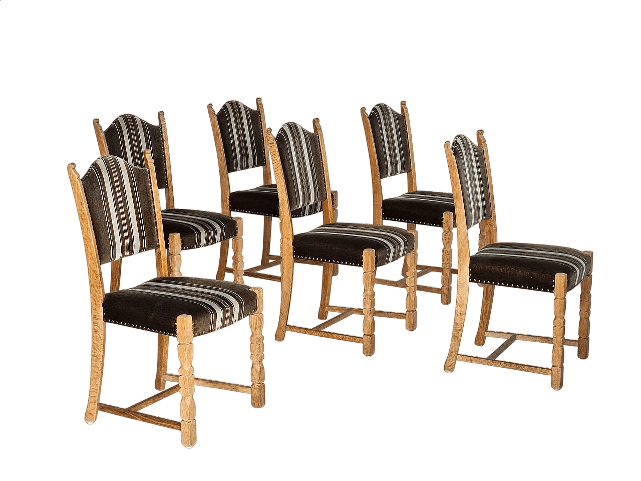 6 Danish oak and velour dining chairs, 1970s 19