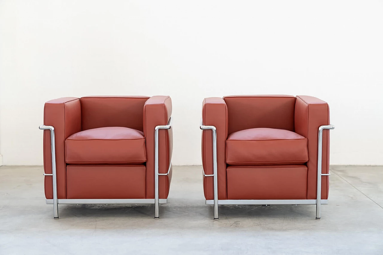 Pair of LC2 Carmin Club Chairs armchairs by Le Corbusier and Perriand for Cassina, 1980s 1
