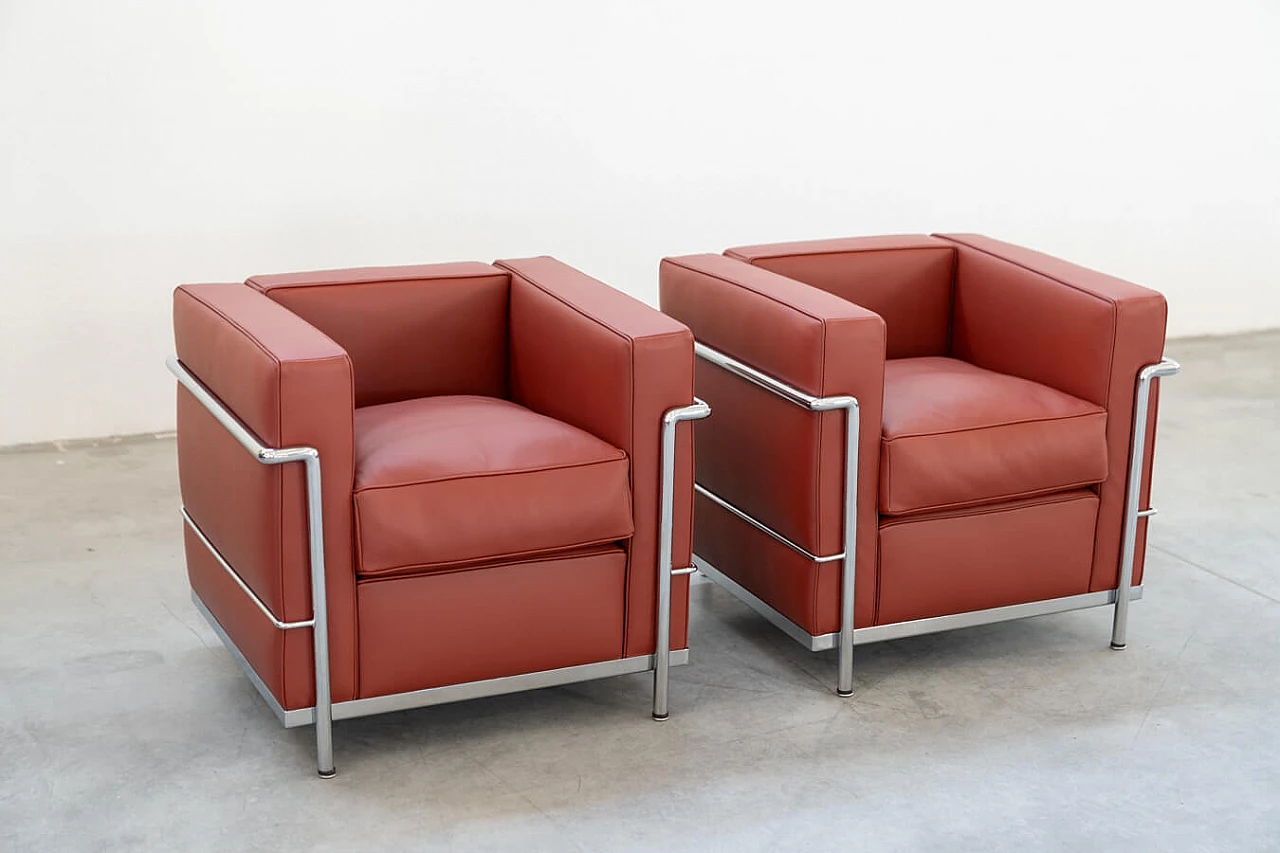Pair of LC2 Carmin Club Chairs armchairs by Le Corbusier and Perriand for Cassina, 1980s 2