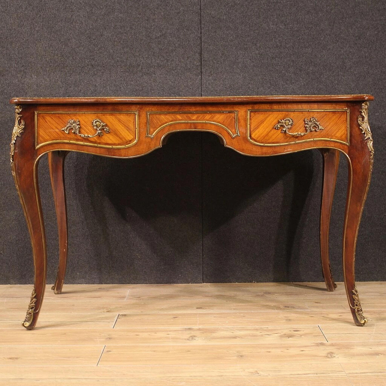 Scrittoio stile Napoleone III in legno, metallo e pelle, anni '50 2