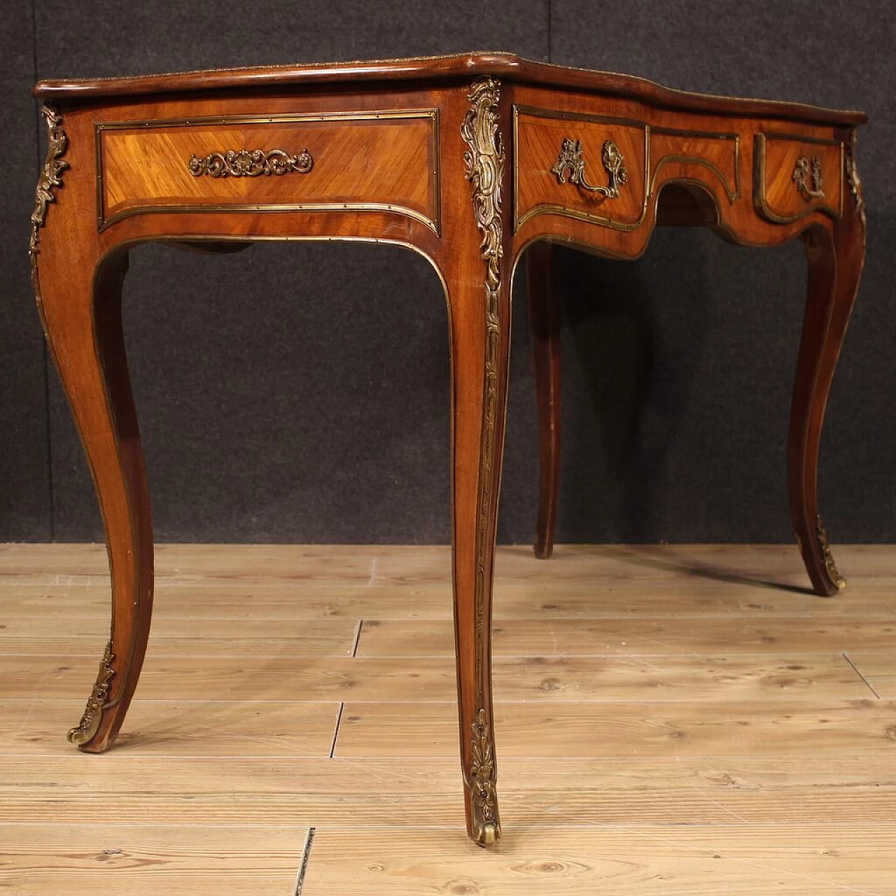 Napoleon III style wood, metal and leather writing desk, 1950s 3