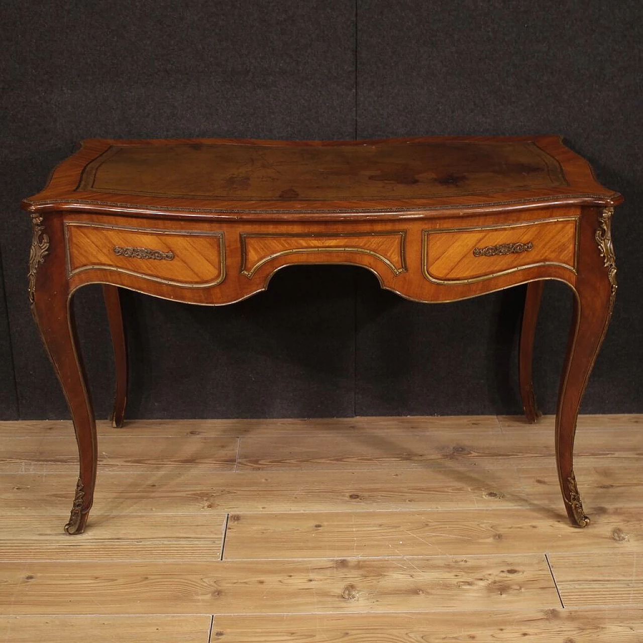 Scrittoio stile Napoleone III in legno, metallo e pelle, anni '50 5