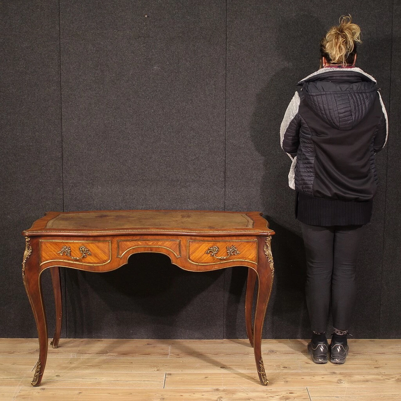 Napoleon III style wood, metal and leather writing desk, 1950s 10