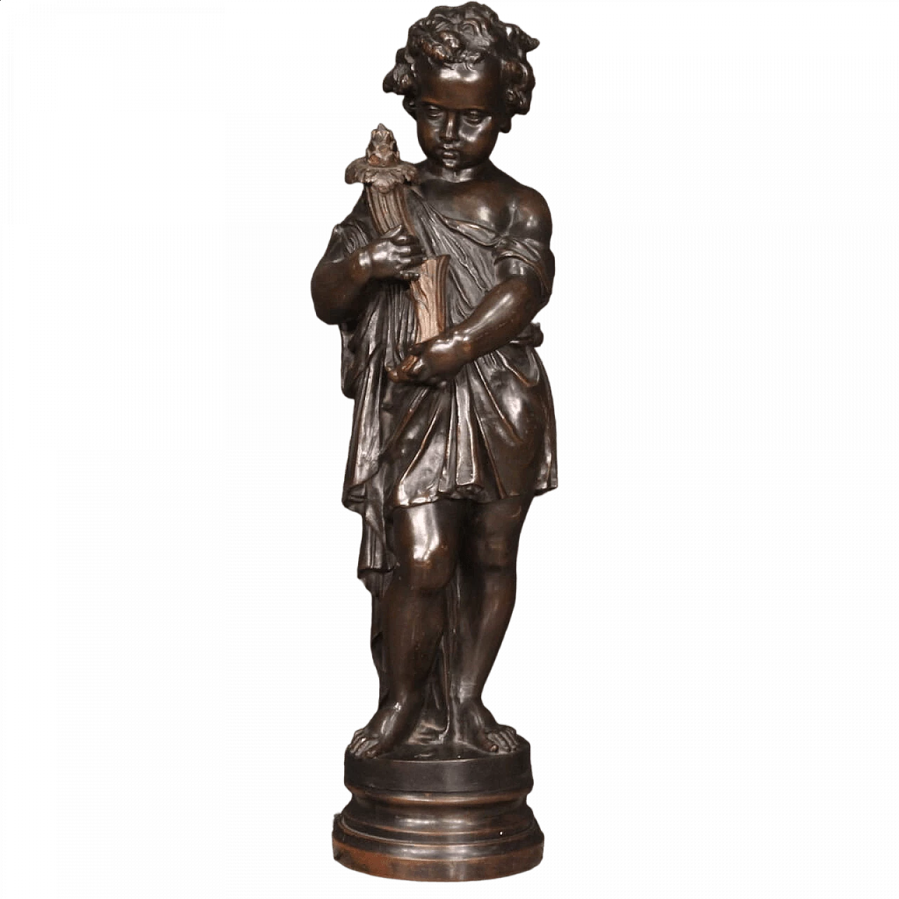 Statua di putto in metallo patinato tinto bronzo, anni '30 13