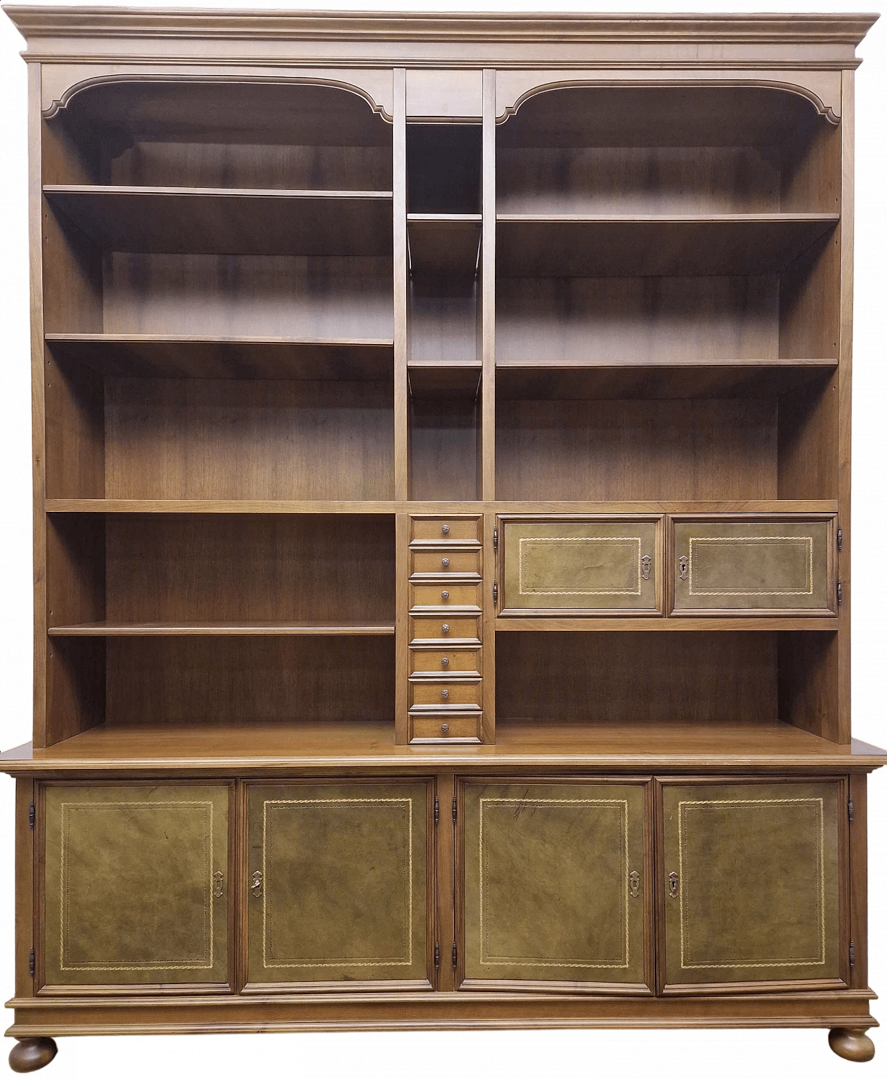 Florentine style national walnut and olive green leather bookcase, 1980s 7