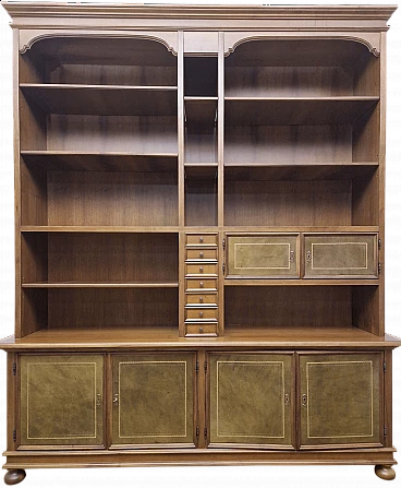 Florentine style national walnut and olive green leather bookcase, 1980s