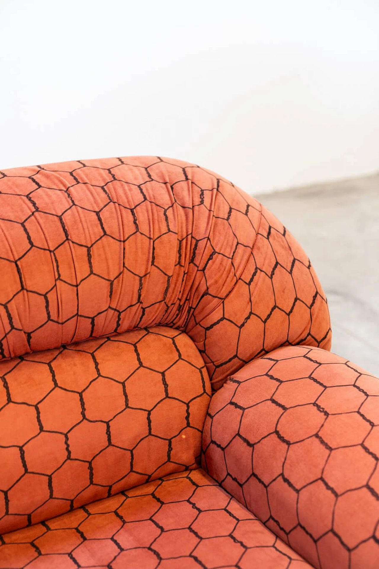 Orange and black fabric sofa and pair of armchairs, 1970s 2