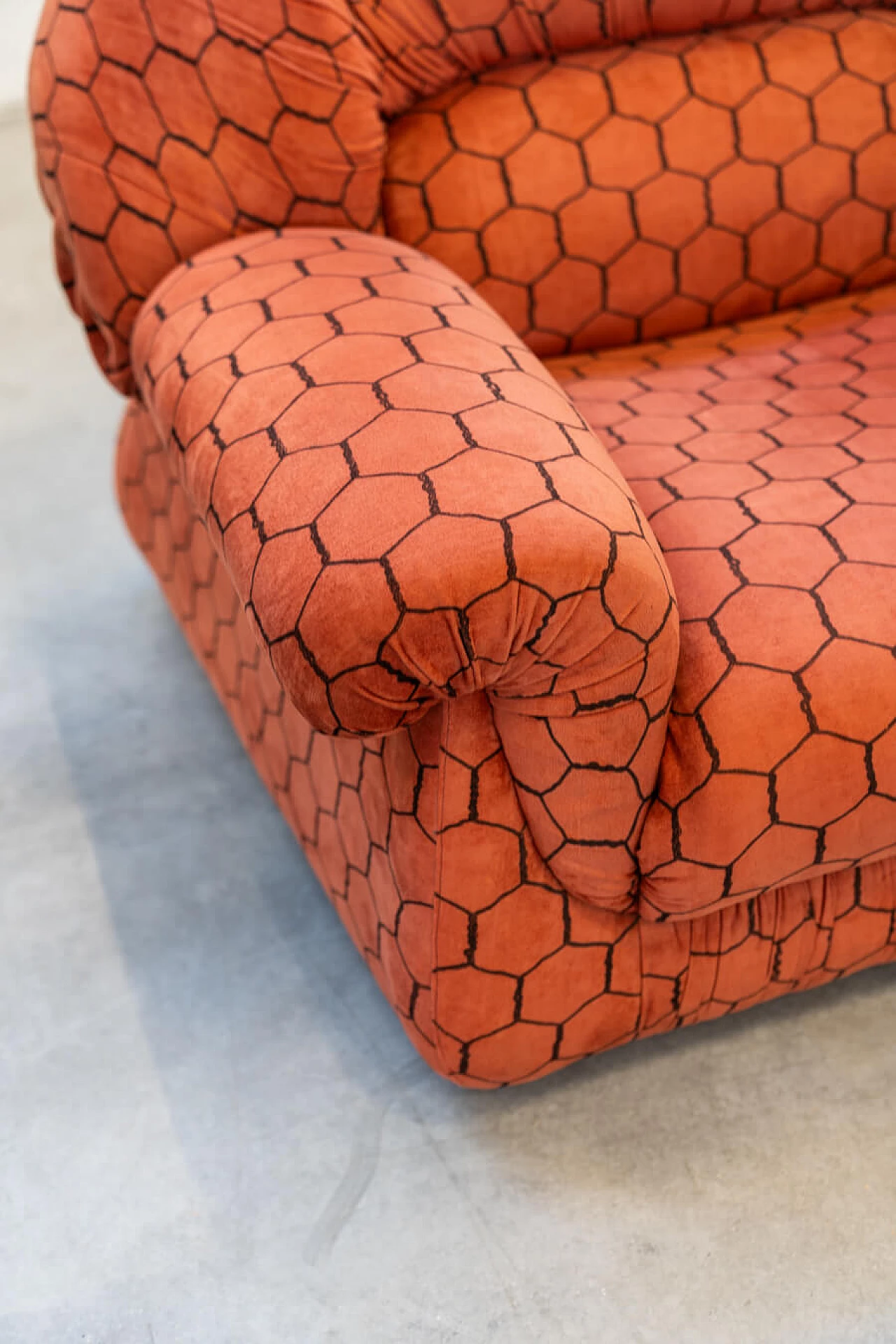 Orange and black fabric sofa and pair of armchairs, 1970s 3