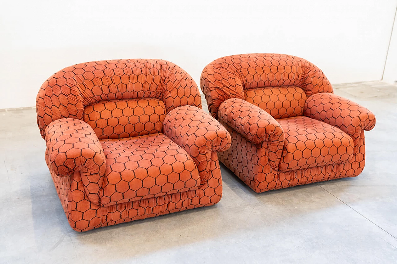 Orange and black fabric sofa and pair of armchairs, 1970s 7