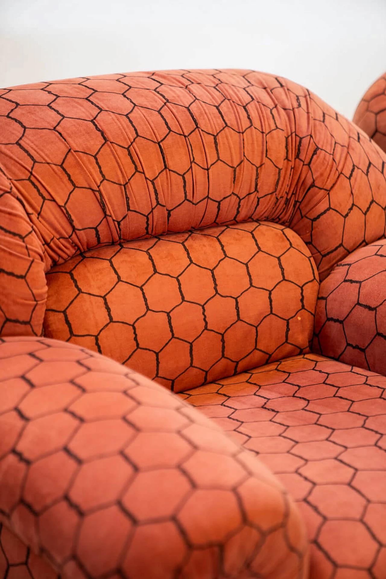 Orange and black fabric sofa and pair of armchairs, 1970s 9