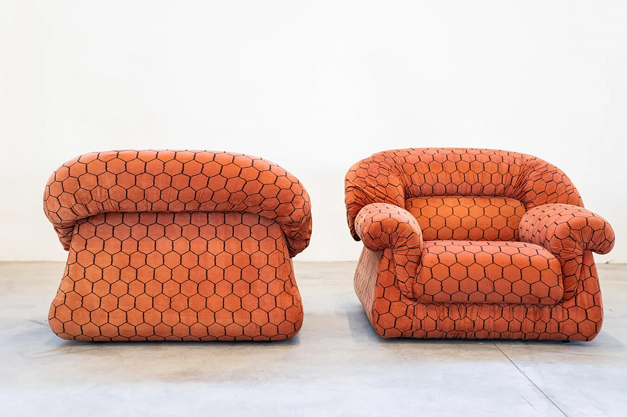 Orange and black fabric sofa and pair of armchairs, 1970s 10
