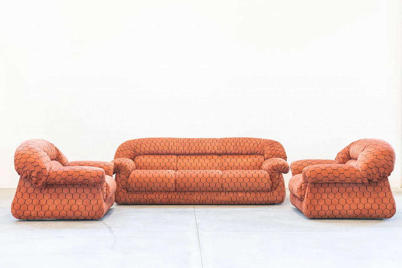 Orange and black fabric sofa and pair of armchairs, 1970s 13