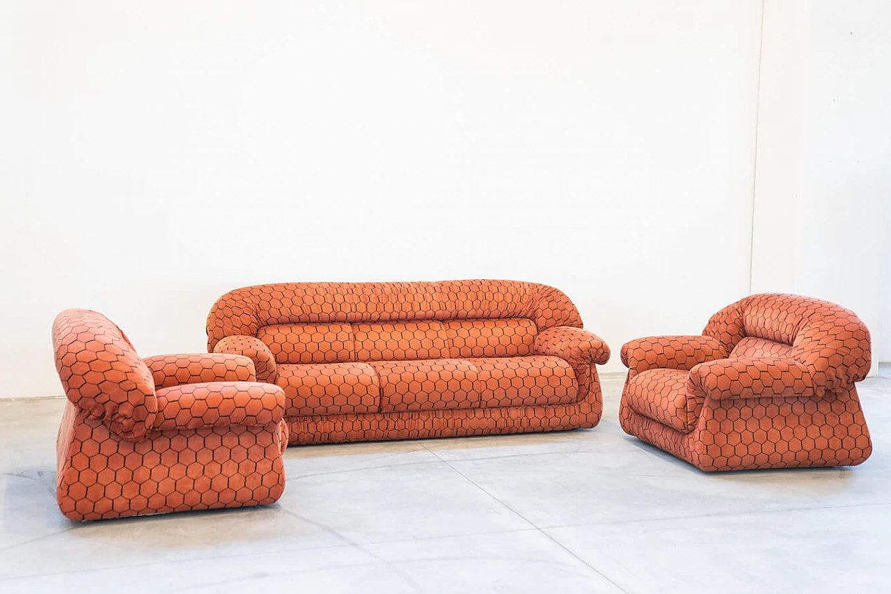 Orange and black fabric sofa and pair of armchairs, 1970s 14