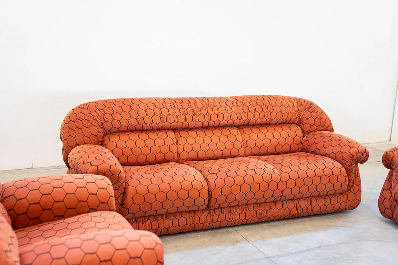 Orange and black fabric sofa and pair of armchairs, 1970s 15