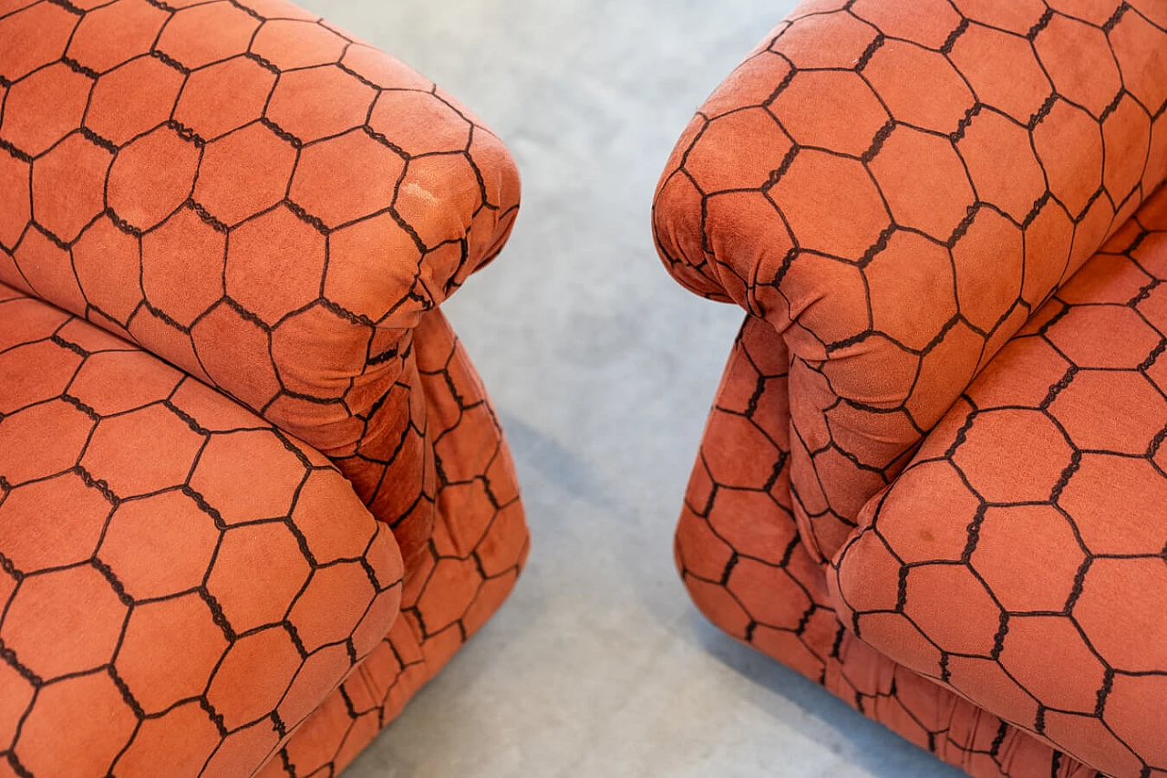 Orange and black fabric sofa and pair of armchairs, 1970s 21