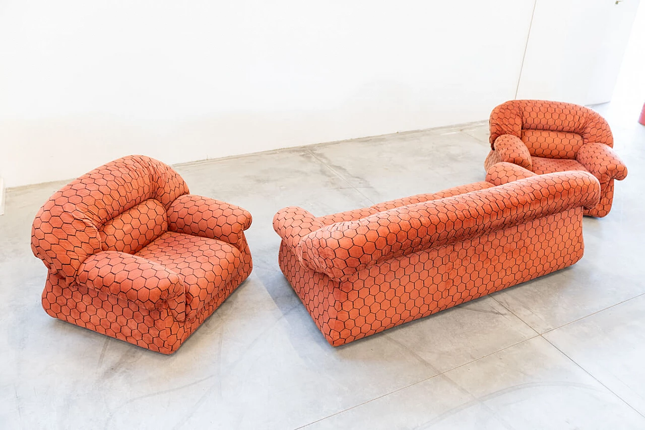 Orange and black fabric sofa and pair of armchairs, 1970s 24