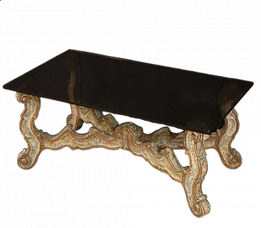 Lacqued and golden wooden table with opaque glass top, 60s