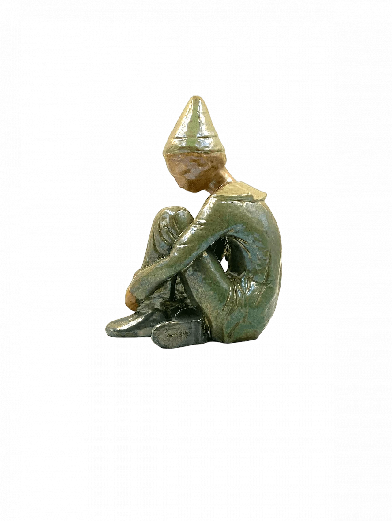 Statuina di ragazzo seduto in ceramica verde di Giordano Tronconi, anni '50 13