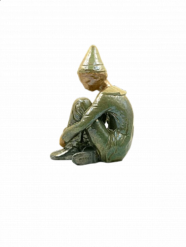 Seated boy statuette in green ceramic by Giordano Tronconi, 1950s