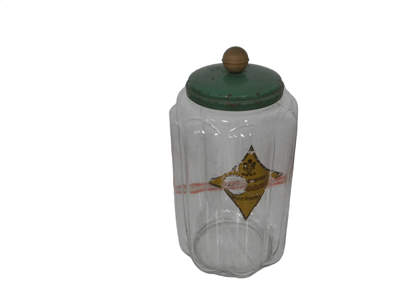 Glass store jar with aluminum and wood lid, 1970s 7