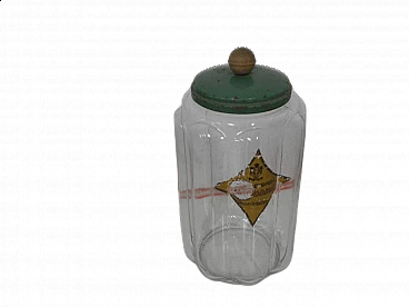 Glass store jar with aluminum and wood lid, 1970s