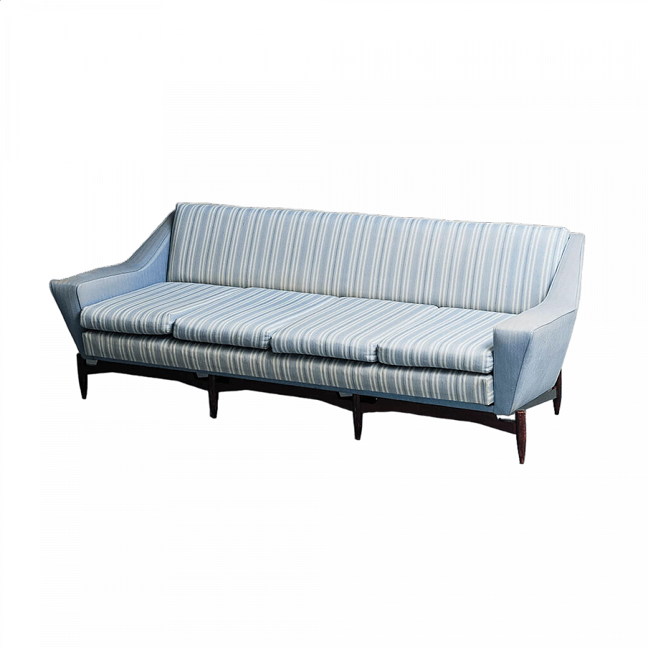 Four-seater sofa in wood and blue fabric, 1960s 12