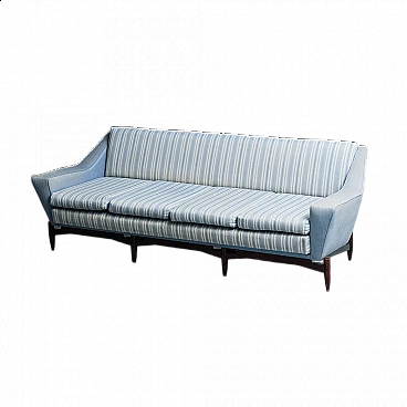 Four-seater sofa in wood and blue fabric, 1960s