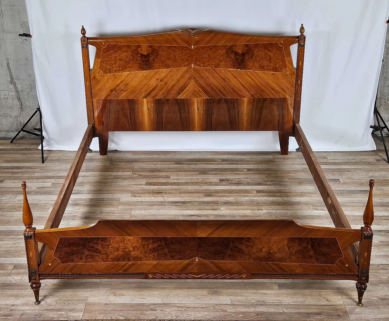 Inlaid wood double bed with brass details, 1960s 1