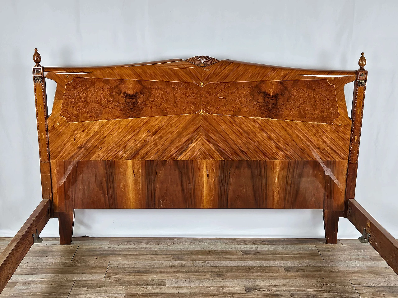 Inlaid wood double bed with brass details, 1960s 2