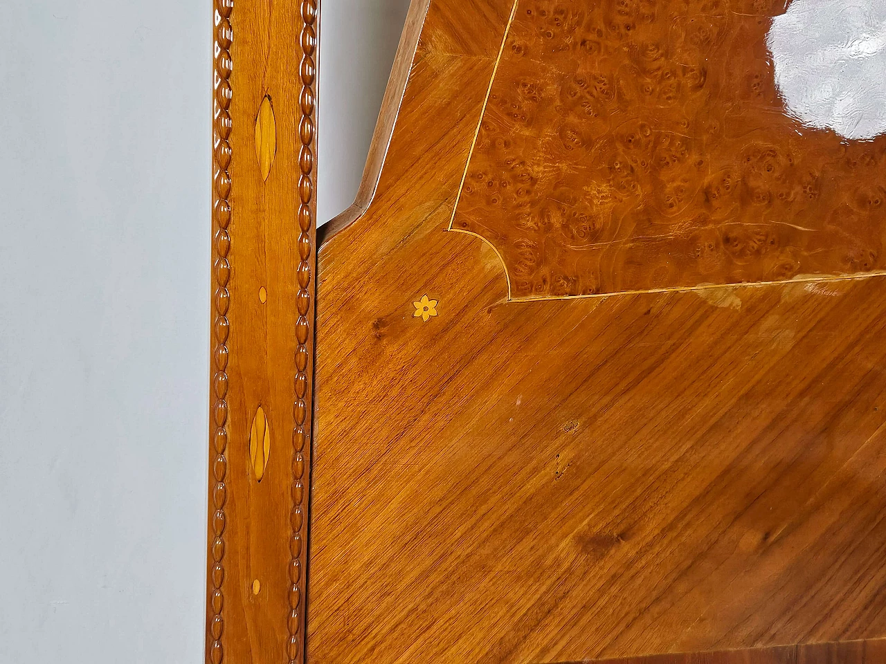 Inlaid wood double bed with brass details, 1960s 5