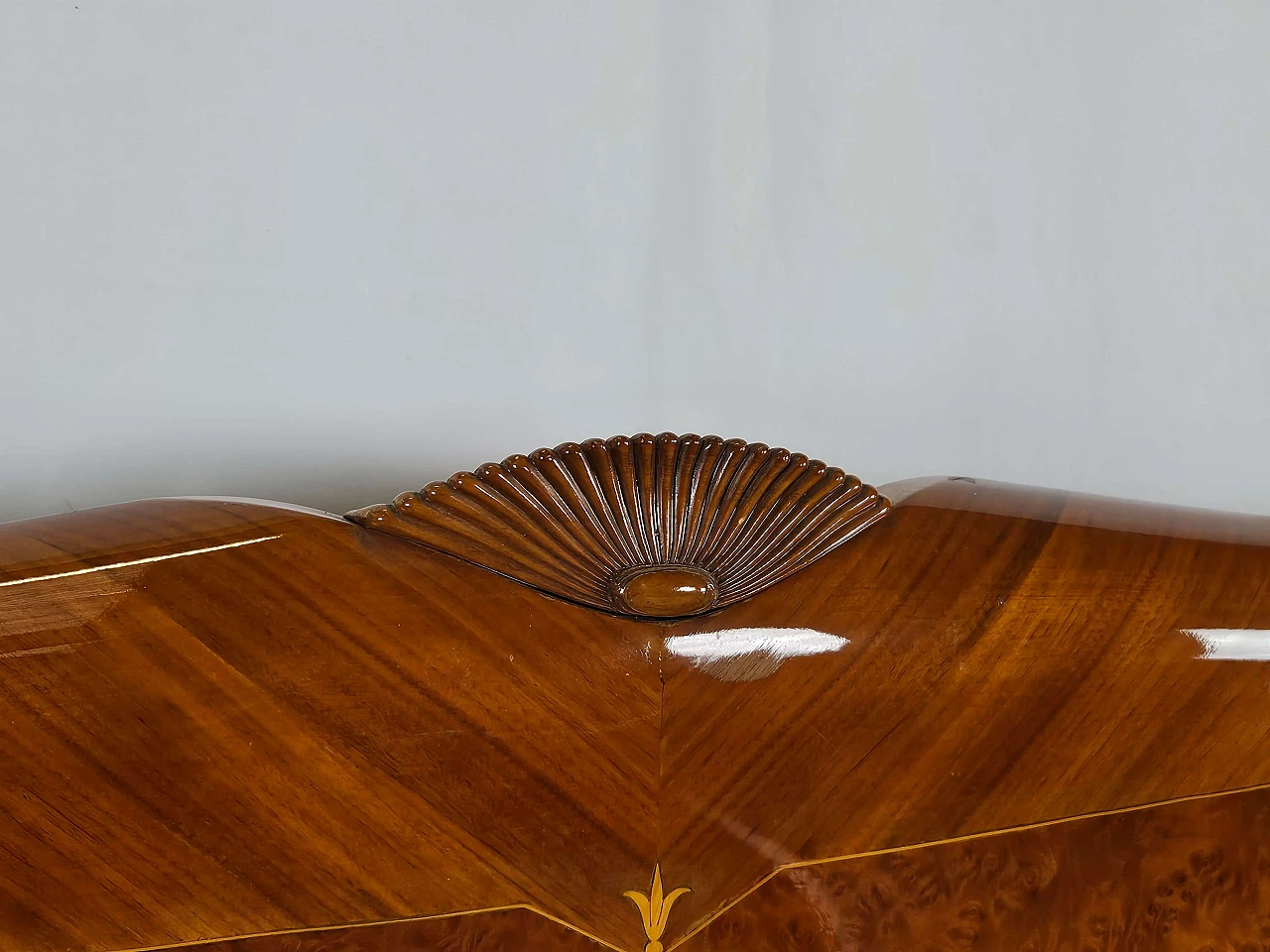 Inlaid wood double bed with brass details, 1960s 6